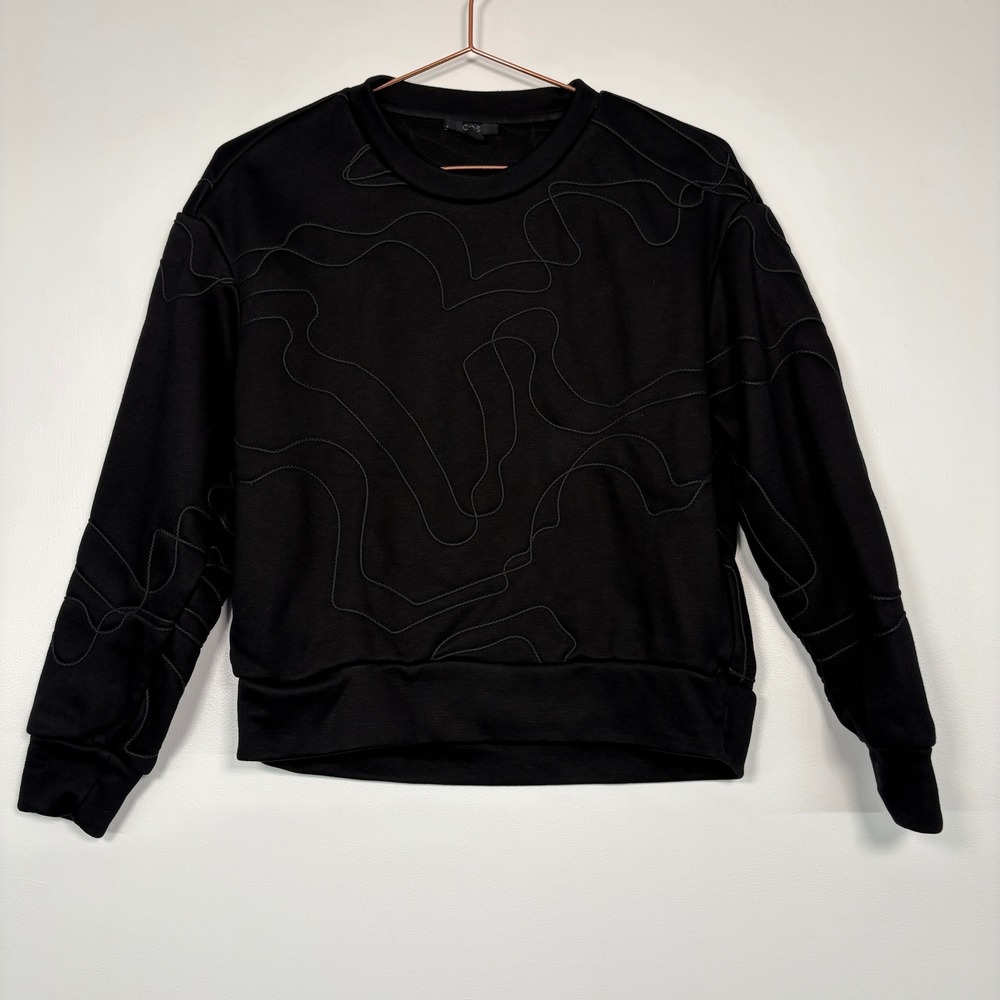 COS Women Sweatshirt XS Black Embroidered Swirl Textured Crew Neck Jumper Pullov